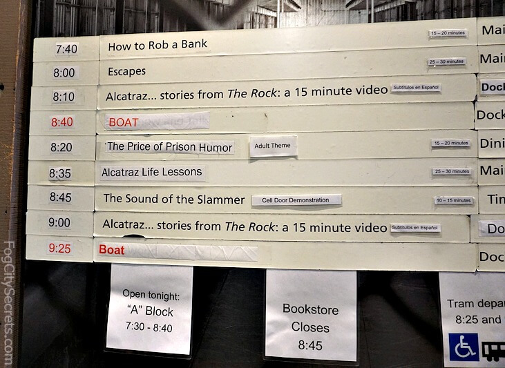 Board with special programs schedule, Alcatraz night tour.
