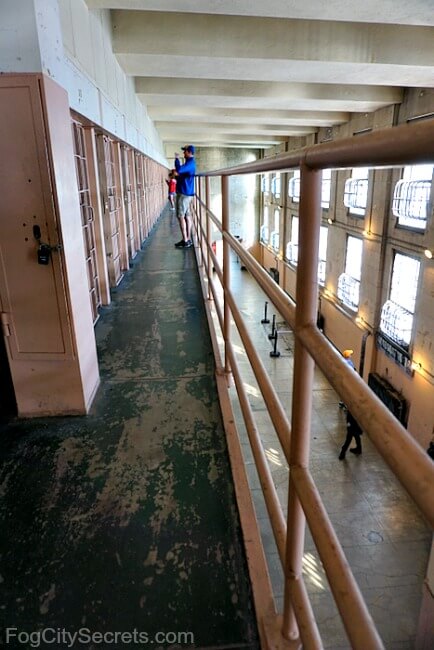 Walkway on upper tier of cellblock A in Alcatraz prison