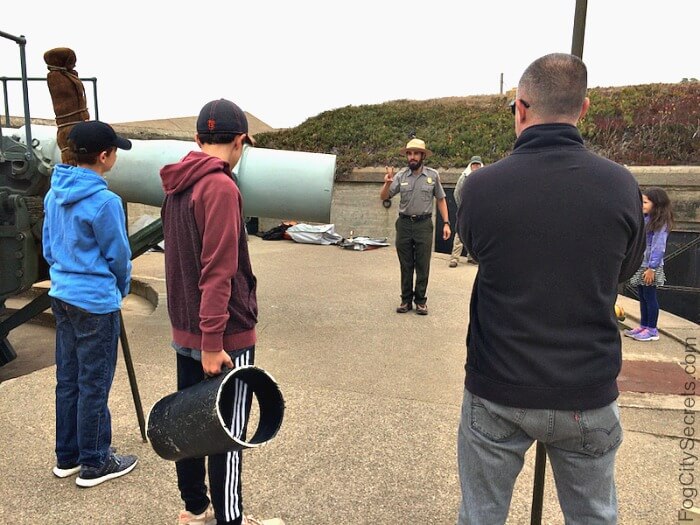 Demonstration of Battery Chamberlin's gun firing sequence, Baker Beach.