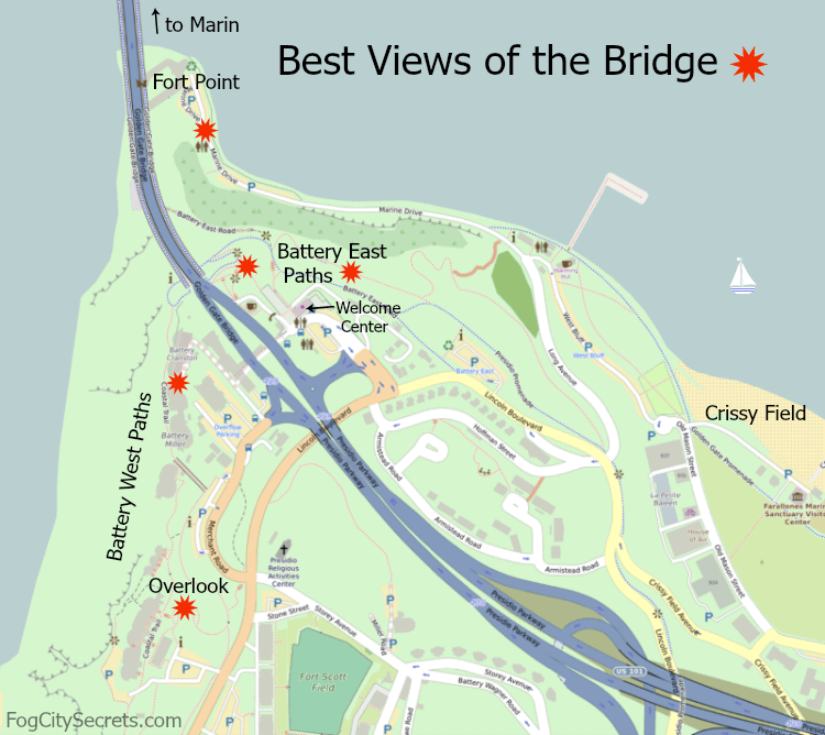 Map of the best places to view the Golden Gate Bridge in San Francisco