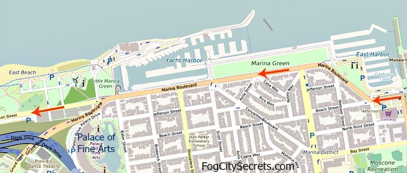 Map of bike route to Golden Gate Bridge, past Marina Green and Palace of Fine Arts