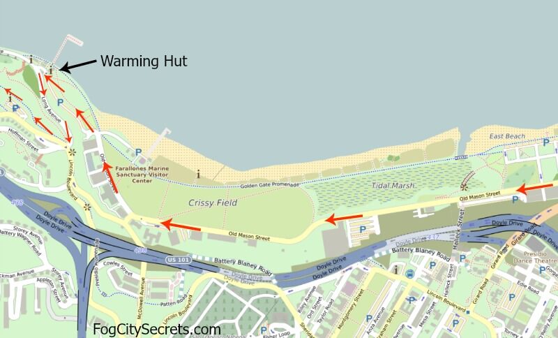 Map of bike route to Golden Gate Bridge, past Crissy Field to Warming Hut