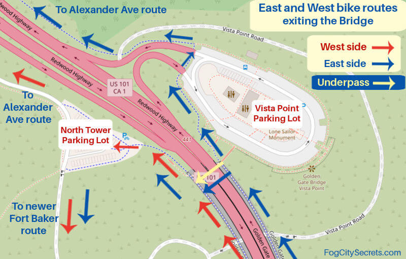 map to find the two bike routes to sausalito after crossing the Golden Gate Bridge