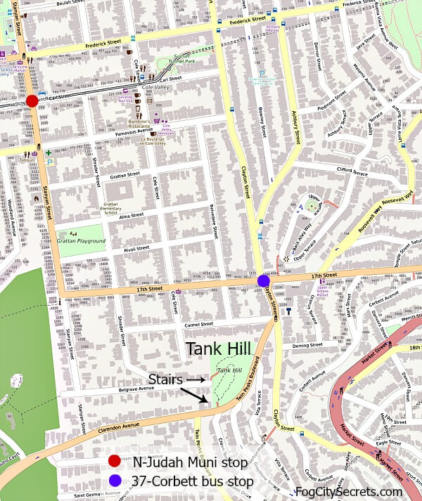 Map of bus and Muni stops for Tank Hill