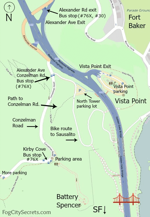 Map of bus stops for Battery Spencer, Marin Headlands, at the Golden Gate Bridge.