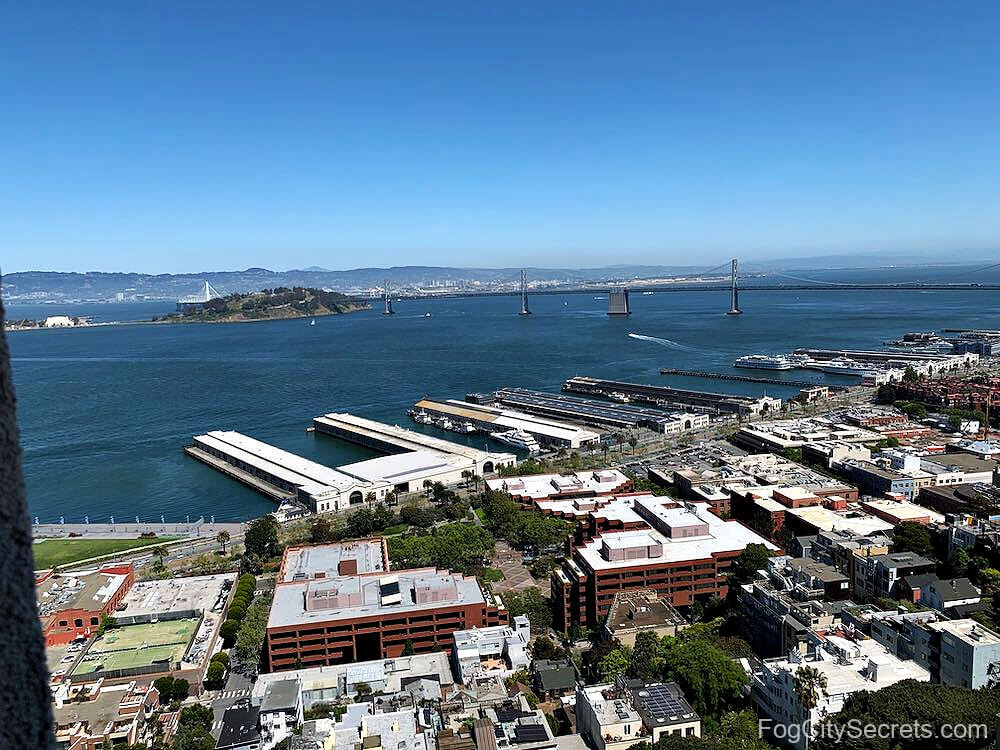 View of Yerba Buena Island, Embarcadero and East Bay hills from Coit tower
