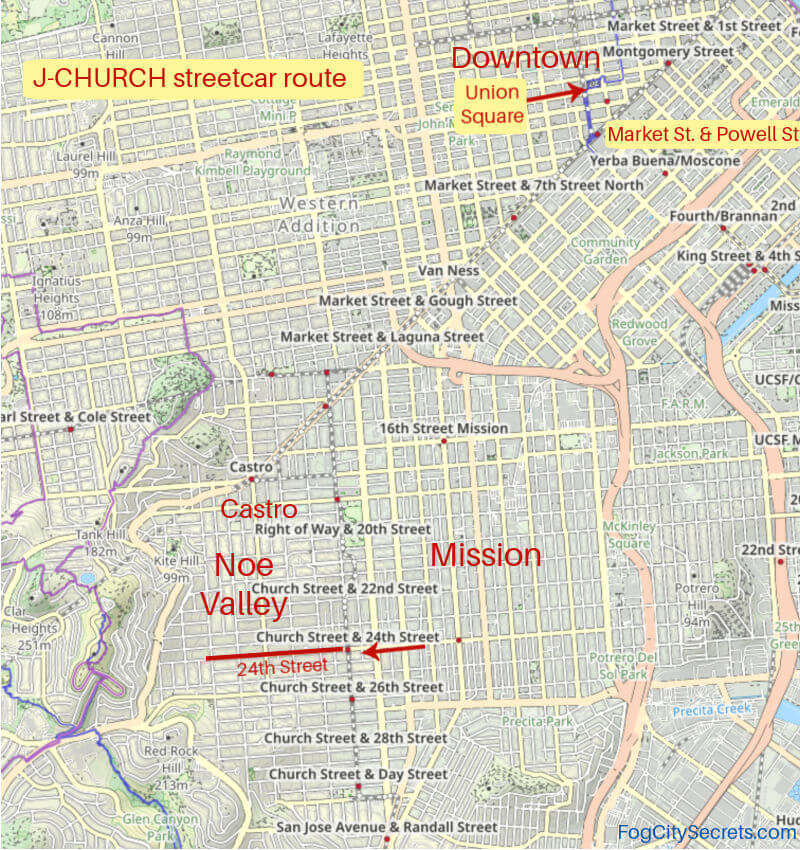 Map of J-church muni route from downtown San Francisco out to Noe Valley