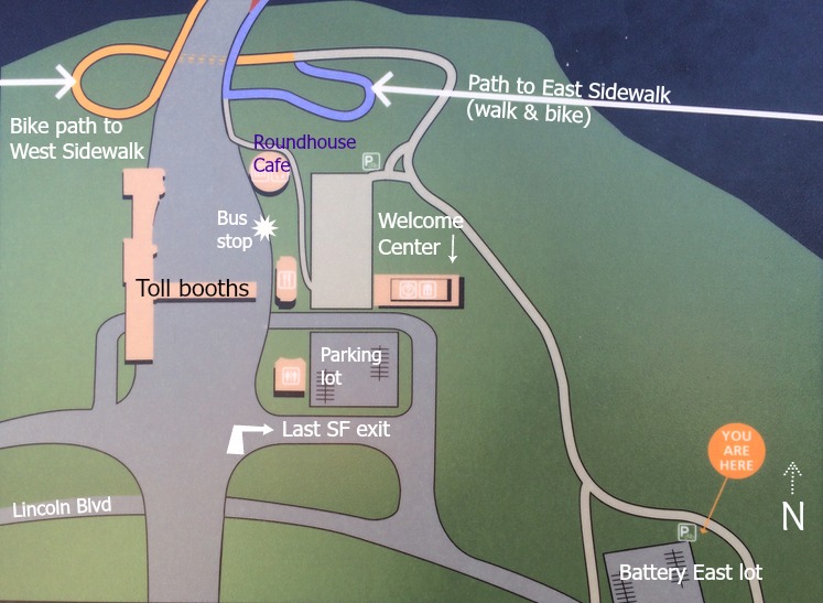 Map of east and west sidewalk entrances on Golden Gate Bridge