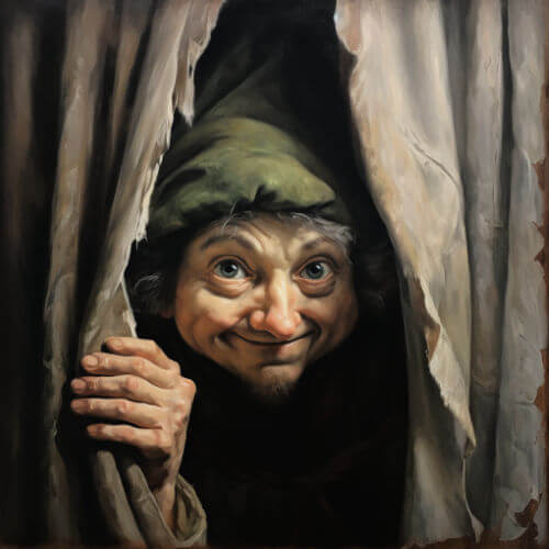 Elf peeking out of a curtain
