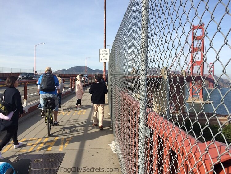 Cyclists and pedestrians on the east sidewalk,  Golden Gate Bridge.