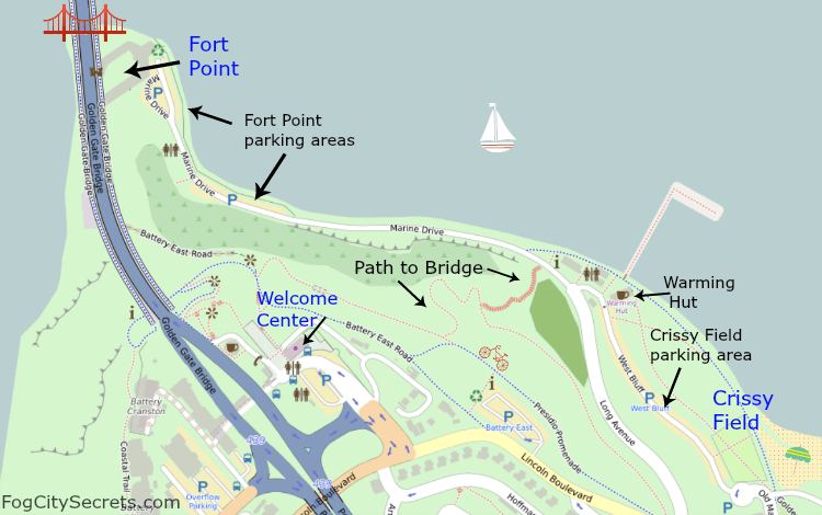 Map of the SF approach to Golden Gate Bridge, showing the Fort Point and Crissy Field parking areas.