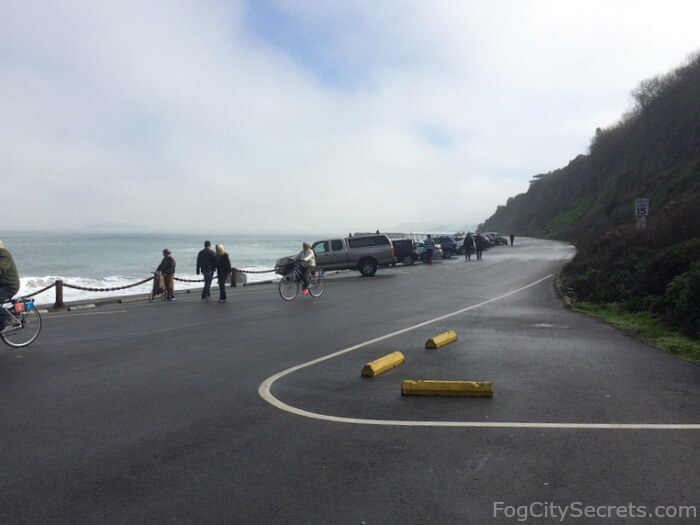 Foggy view of parking area at Fort Point, San Francisco