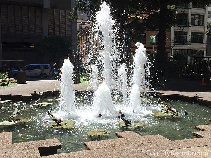 Leaping Frog Fountain in Transamerica Redwood Grove in San Francisco