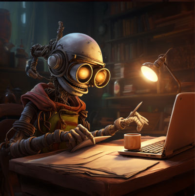 Gleeful robot working on laptop