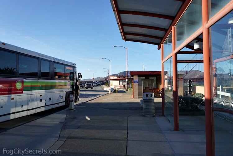 Bus stop at the Toll Plaza, Golden Gate Bridge, for buses #30 and #76X.