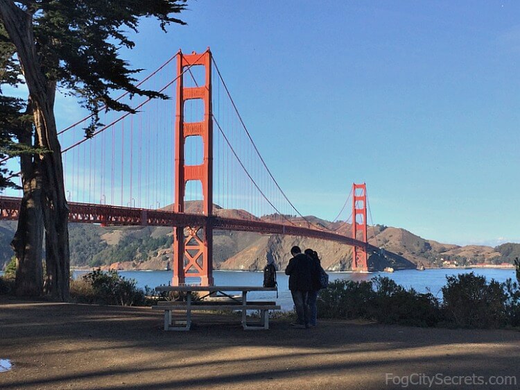 View of Golden Gate Bridge from Battery East Trail, picnic table.