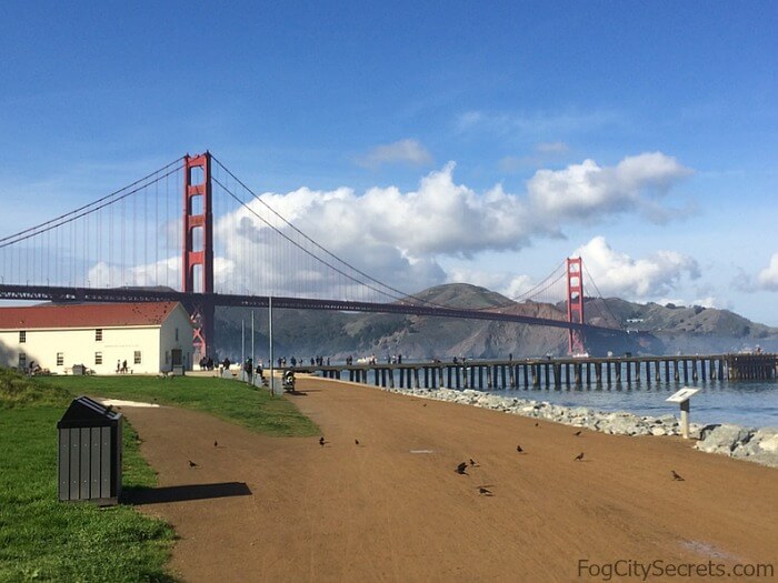 View of the Golden Gate Bridge and Warming hut from Crissy Field.