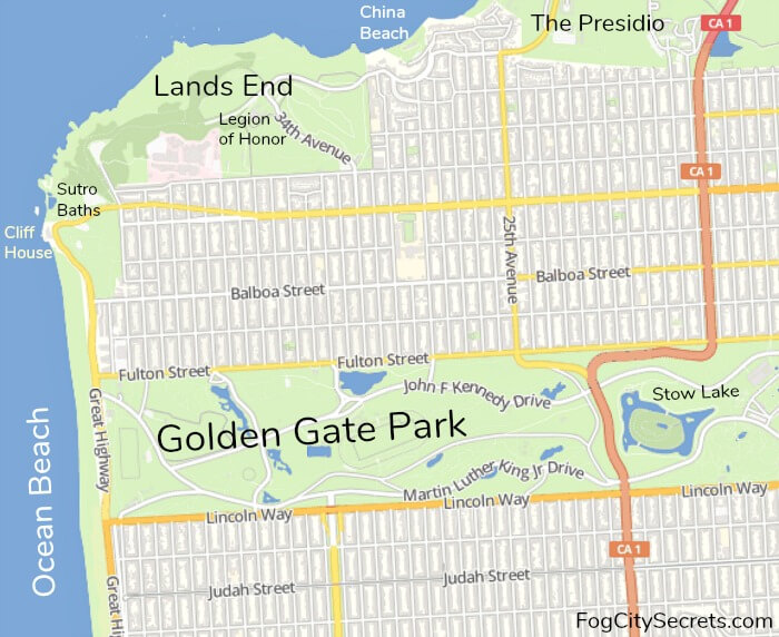 Map of western San Francisco showing points of interest near Golden Gate Park. Map of western San Francisco showing points of interest near Golden Gate Park.