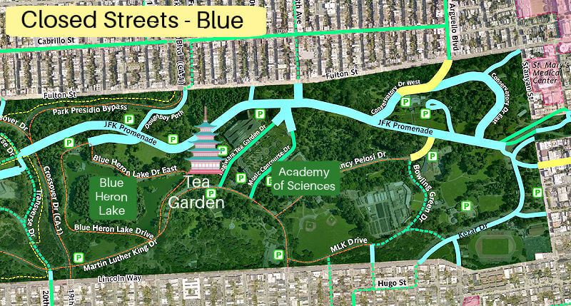 Map of Golden Gate Park and Tea Garden showing roads closed