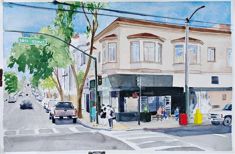 Gorney watercolor of 18th Street in San Francisco