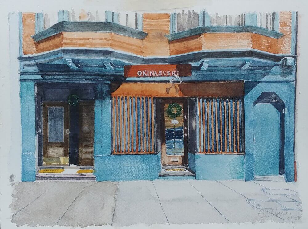 Gorney watercolor of SF sushi restaurant