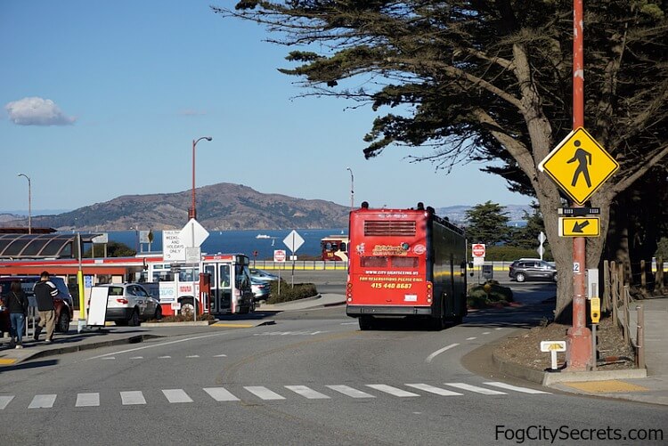 Double-decker tour bus heading for the Welcome Center, Golden Gate Bridge