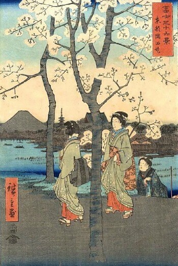 traditional japanese painting of mount fuji and ladies viewing cherry blossoms
