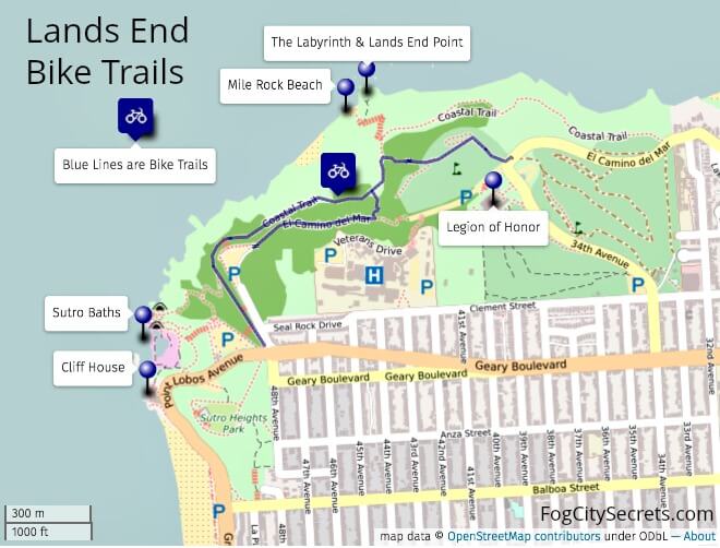 Map of bike trails at Lands End, San Francisco