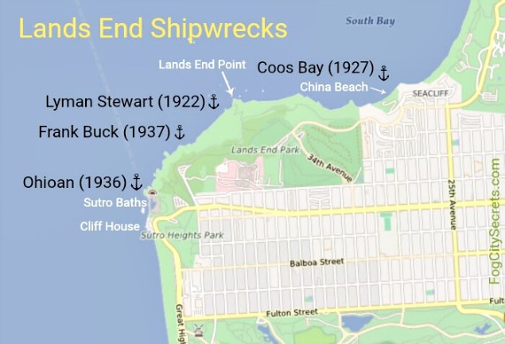 Map of shipwrecks at Lands End San Francisco
