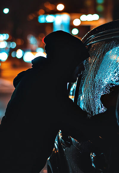 Man breaking into a car at night