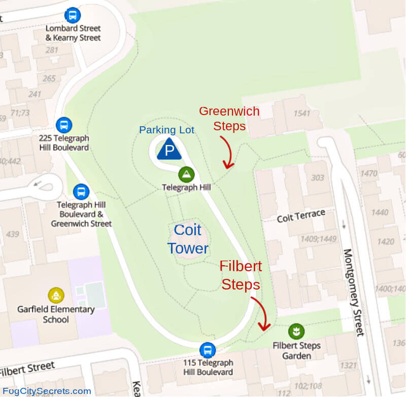 Map of Filbert and Greenwich Stairs at Coit Tower SF