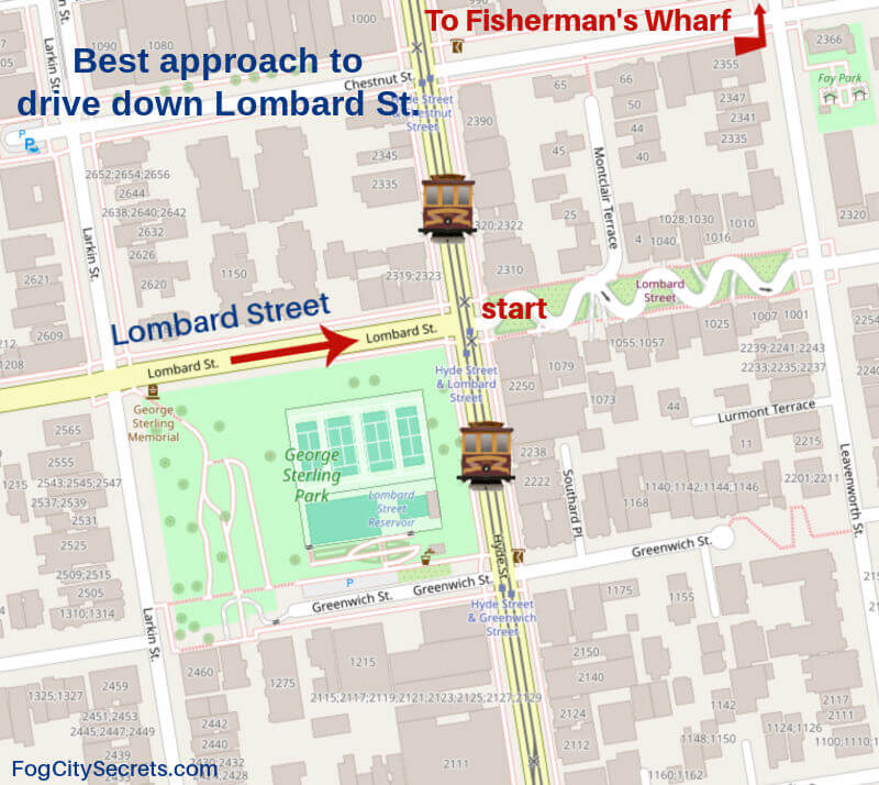 Map of best approach to Lombard Street for driving down Map of best approach to Lombard Street for driving down