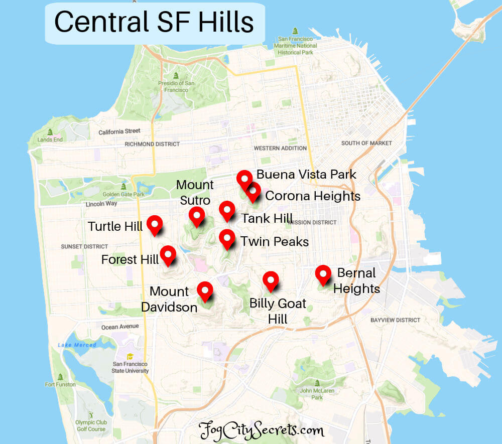 Map of hills in San Francisco center Map of hills in San Francisco center