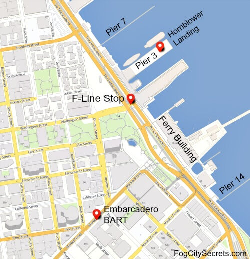 Map of Hornblower Landing, Pier 3, and Embarcadero BART