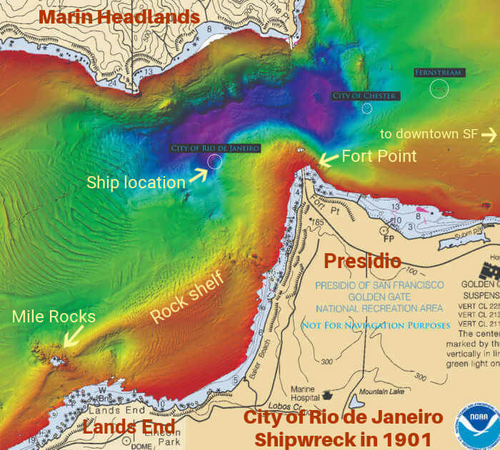 Map of shipwreck of City of Rio de Janeiro in 1901 Map of shipwreck of City of Rio de Janeiro in 1901