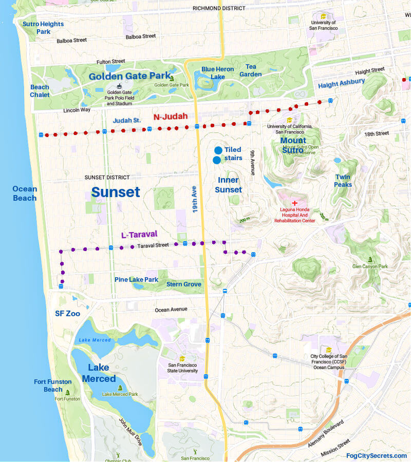 map of Sunset District SF with Muni and attractions