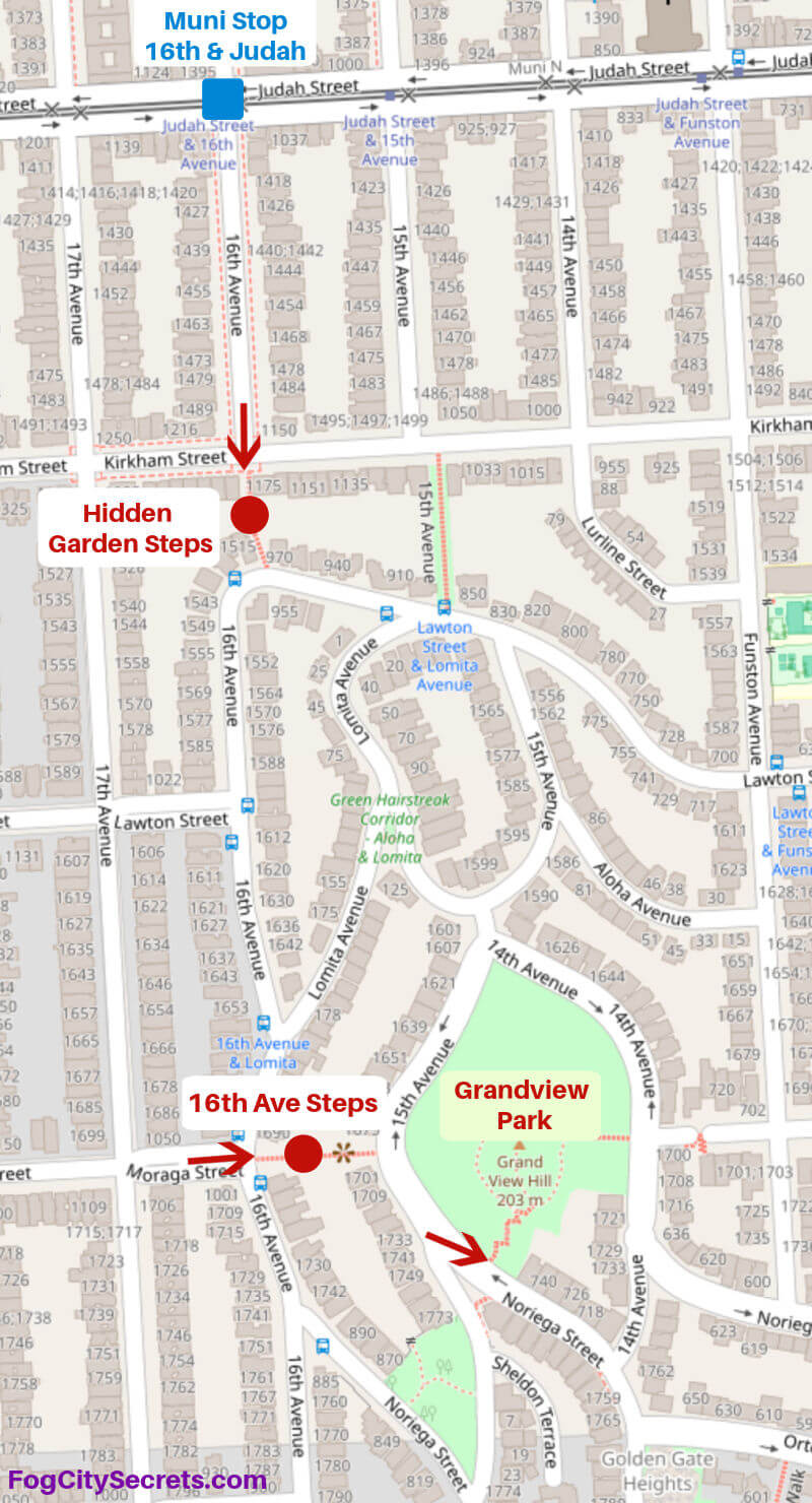 Map of Muni stop on N-Judah and locations of the two tiled stairways in the sunset District Map of Muni stop on N-Judah and locations of the two tiled stairways in the sunset District