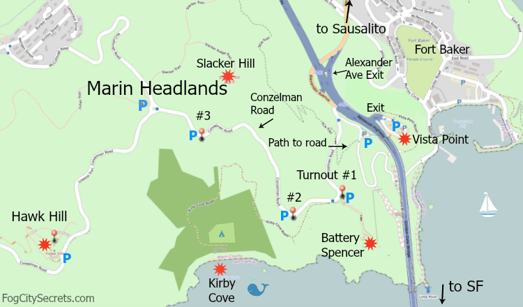 Map of best Marin County view points for the Golden Gate Bridge