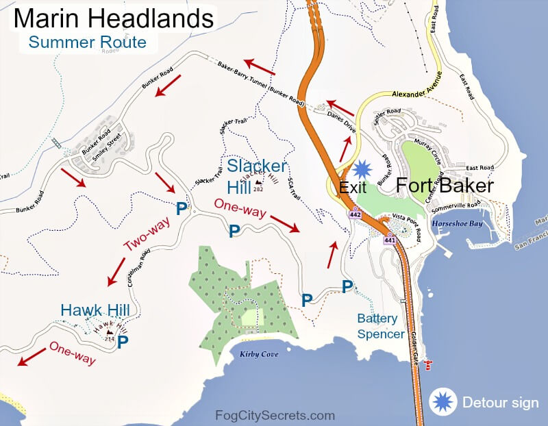 Map of the summer season detour route to the Marin Headlands