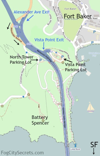 Map of parking lots on north side of Golden Gate Bridge