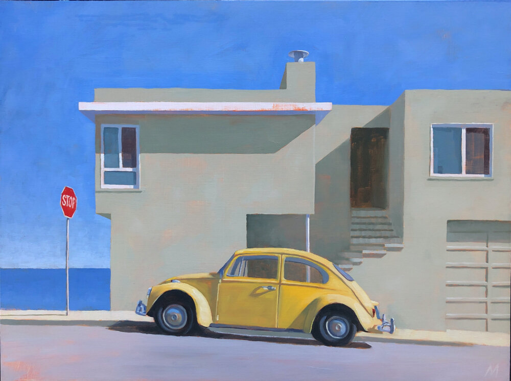 Musgrove painting of Sunset District house with yellow beetle
