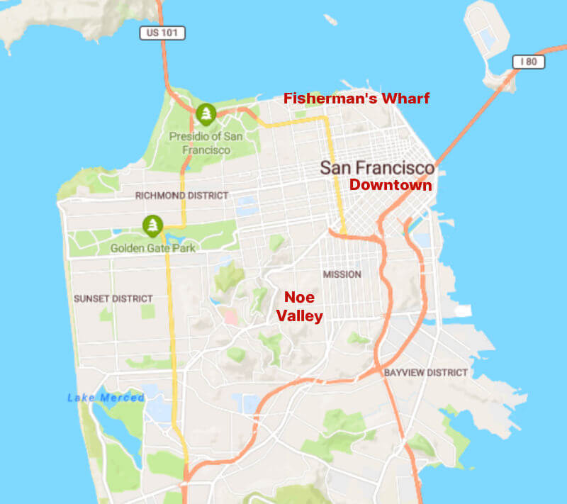 Map of San Francisco showing Noe Valley neighborhood location