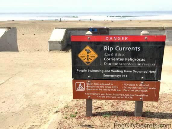 Rip Current warning sign near Beach Chalet Ocean Beach San Francisco