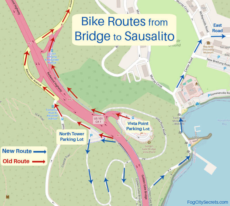 Old and newer bike routes from Golden Gate Bridge into Sausalito