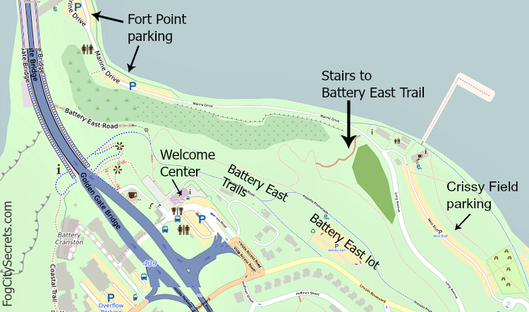Map showing route to Golden Gate Bridge from parking lots at Fort Point and Crissy Field.
