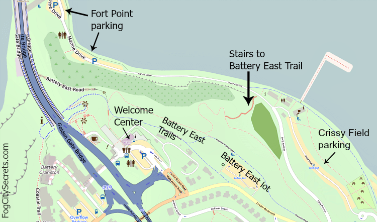Map showing route to Golden Gate Bridge from parking lots at Fort Point and Crissy Field. Map showing route to Golden Gate Bridge from parking lots at Fort Point and Crissy Field.