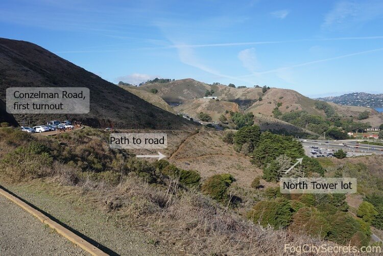 Dirt pathway from the North Tower parking lot up to Conzelman Road in the Marin Headlands.