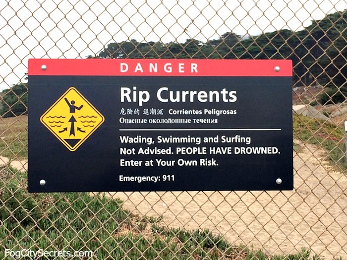 Rip current warning sign, Baker Beach SF