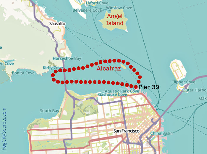 Map of San Francisco Bay Cruise route to one bridge