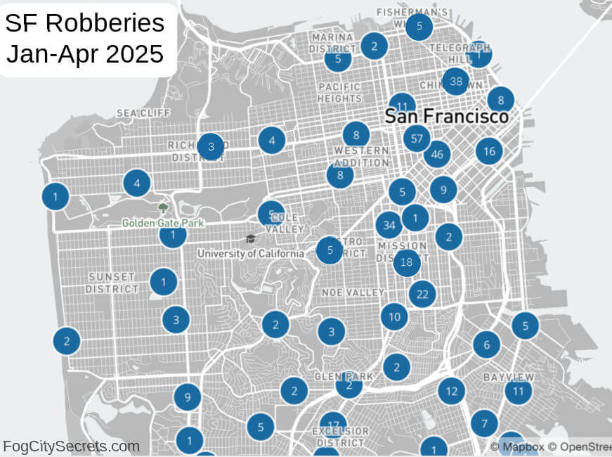 San Francisco robbery map for jan thru apr 2025